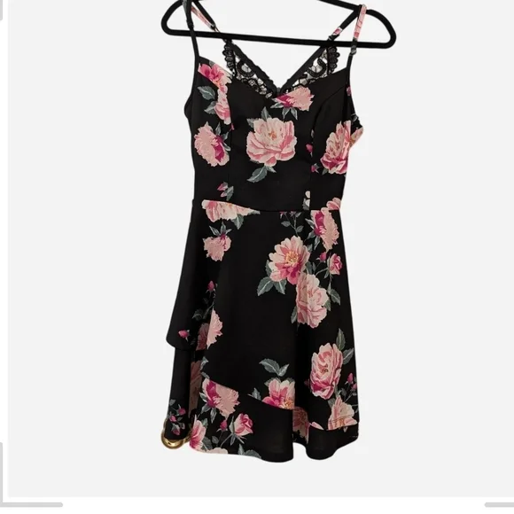 Trixxi Black Dress with Pink Floral and Lace Back - Picture 3 of 10